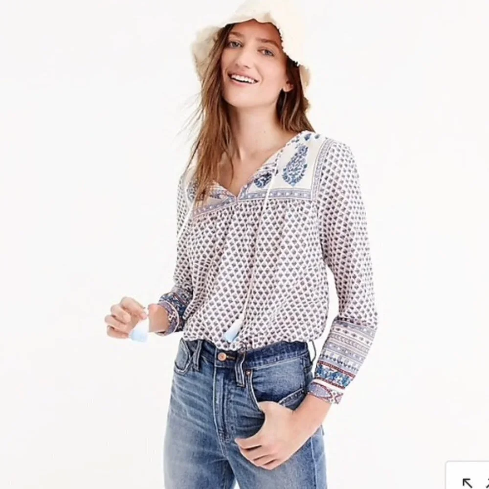 ☀️ J CREW Point Sur Printed Boho Floral Tassel Top Size XS Oversize